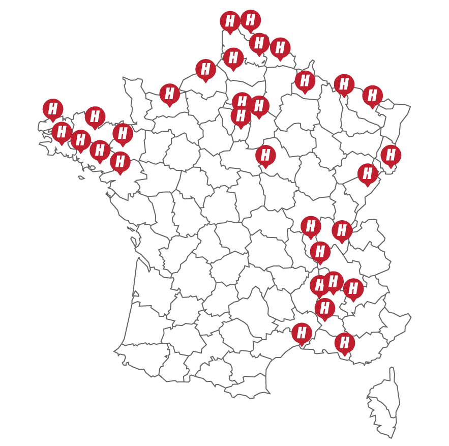 Carte des implantations nationales du groupe helio : île de france, rhône alpes, grand est, bretagne